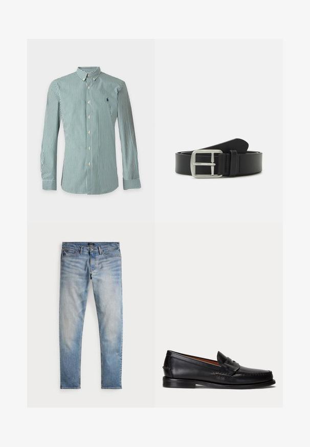 Heren lange mouwen overhemd met knopen, met groene en witte verticale strepen en een klein geborduurd logo op de linkerborst.; Lichtblauwe denim jeans met een vervaagde afwerking, vijfzakkenontwerp en contrasterende stiksels. Heeft een ritssluiting en riemlussen. Rechte snit.; Zwarte leren loafer met lage hak en penny-strap detail, van opzij getoond op een lichtgrijze achtergrond.; Zwarte leren riem met een zilveren metalen gesp, gladde textuur en een gestroomlijnd ontwerp met een spitse punt en gestikte accenten.
