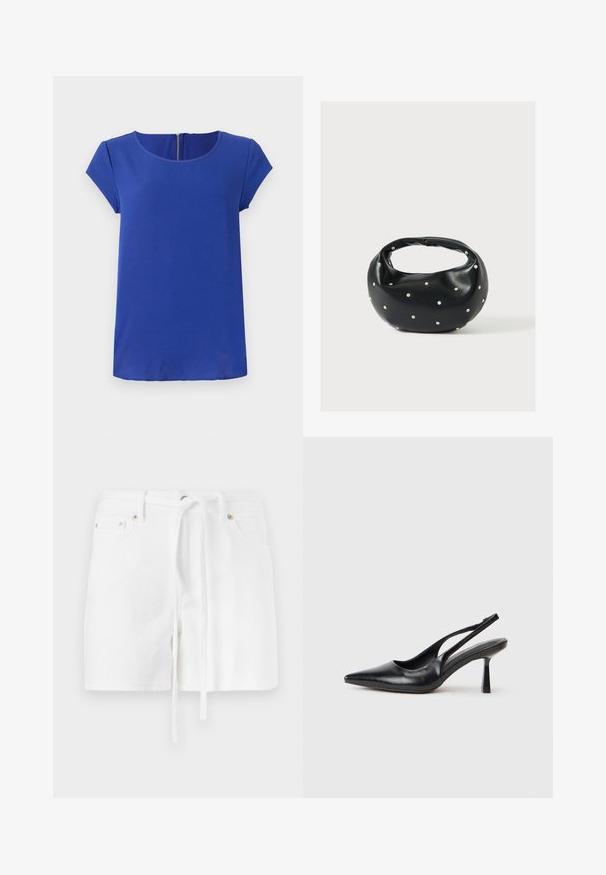 Haut court à manches courtes en tissu lisse. Doté d'un col rond et d'une fermeture éclair dissimulée à l'arrière. Ourlet droit.; Shorts en denim blanc avec une taille à cordon de serrage, dotés de deux poches avant et d'une texture lisse. Le design est simple et classique, sans motifs.; Chaussure à talon haut en cuir noir, à bride arrière, avec un bout pointu et un talon fin sur fond blanc.; Sac à main en cuir noir de forme arrondie, décoré de clous argentés et équipé d'une poignée courte. Texture lisse et fermeture éclair.