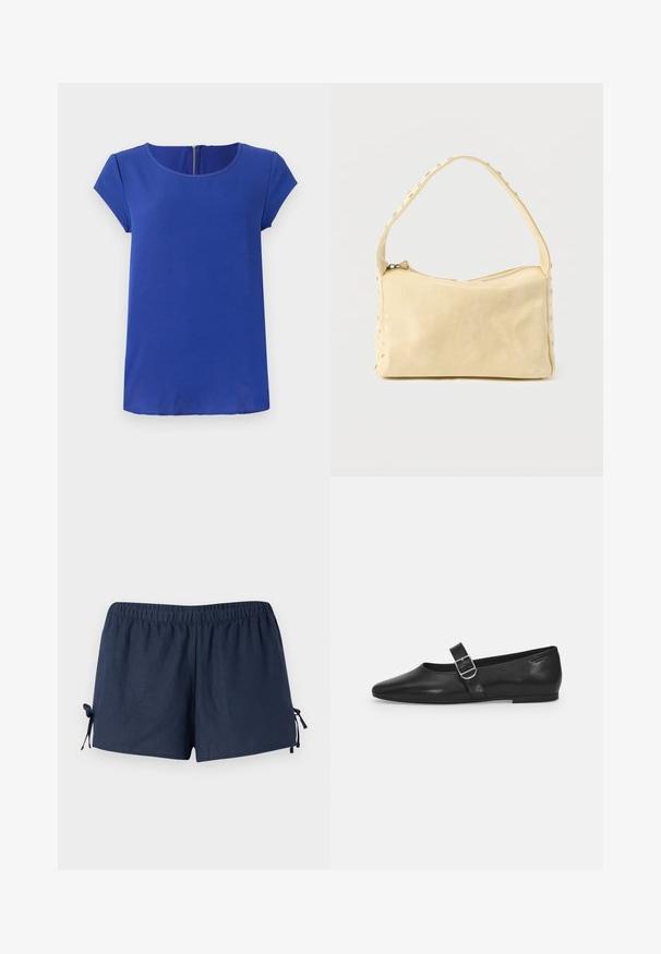 Blaues Kurzarmtop aus glattem Stoff. Mit Rundhalskragen und einem verdeckten Reißverschluss im Rücken. Gerade Saumlinie.; Marineblaue Shorts mit einem elastischen Bund und verstellbaren Bändern an den Seiten. Der Stoff wirkt glatt mit einem leichten Glanz. Lockerer Schnitt, oberhalb des Knies.; Schwarzer Lederflatschuh mit runder Zehenform, einem verstellbaren Schnallenriemen und einer glatten, glänzenden Oberfläche. Minimalistisches Design mit einem niedrigen Absatz.; Kleine beige Ledertasche mit einem einzigen Riemen und silbernen Nieten entlang der Kanten und des Riemens, vor einem schlichten Hintergrund.