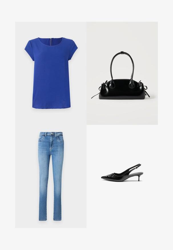 Blå kortærmet top lavet af glat stof. Har en rund halsudskæring og en skjult lynlås bagpå. Lige kant.; Blege blå denimjeans med lige pasform, høj talje, fem lommer og subtile stikninger ved taljen og nederkanten.; Sorte læder slingback-pumps med spids tå, lav kitten-hæl og rynket detalje på overdelen. Glat tekstur og minimalistisk design.; Lille sort blank håndtaske med to lange håndtag og snøre-detaljer i siden på en ensfarvet lys baggrund.