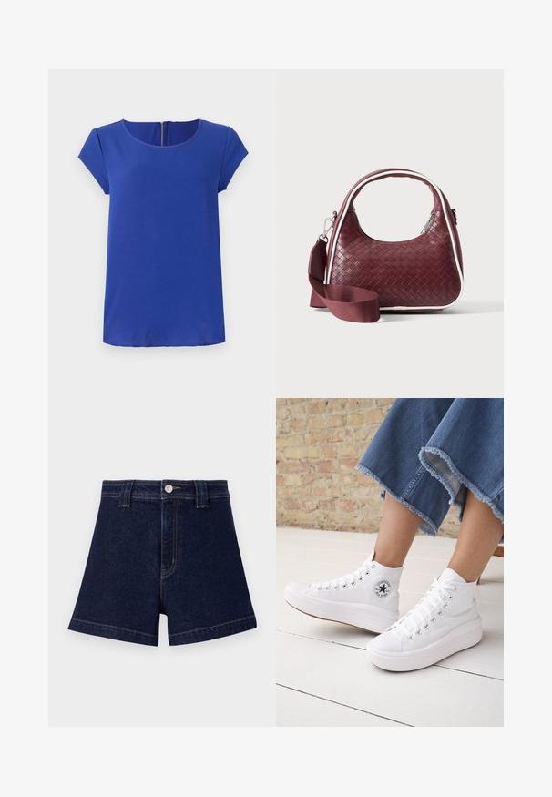 Sinine lühikeste varrukatega top, mis on valmistatud siledast kangast. Omab ümmargust kaelust ja peidetud tõmblukk tagaküljel. Sirge äär.; Tumedast sinine denim lühike püksid klassikalise lõike, viie-tasku kujunduse ja kontrastse kollase õmblusega ning metallnuppude sulgemisega.; Isik kannab valgeid kõrge säärega Converse tossusid paksude talladega ning lühendatud äärega siniseid teksapükse telliskiviseina ja valge põranda taustal.; Väike bordoopunutud nahkkäekott kumerate käepidemete, valgete äärte, hõbedase tõmblukuga ja eemaldatava laiast kangast õlarihmaga lihtsa taustaga.