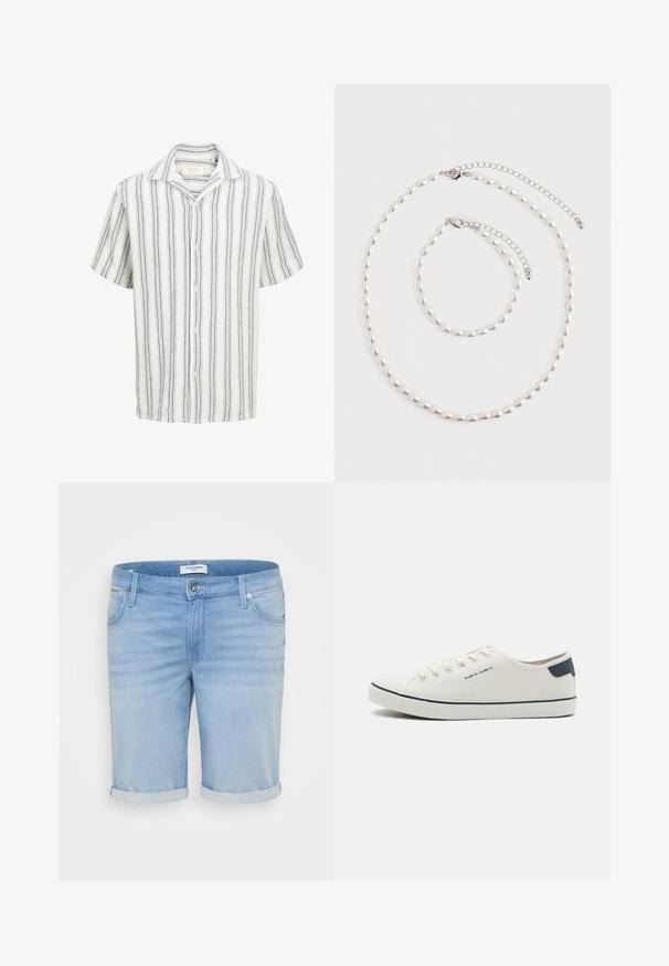 Kortærmet hvid skjorte med sorte lodrette striber og knapper foran, med klassisk krave.; Lysblå denimshorts med en let falmet finish, opfoldede bukseben, fem-lommer design og en metalknaplukning.; Canvas sneakers i off-white med navy accenter, med rund tå, snørrestruktur og struktureret gummisål. Enkel og ren æstetik.; Perle halskæde og matchende armbånd med sølv kæde låse arrangeret på en hvid baggrund.