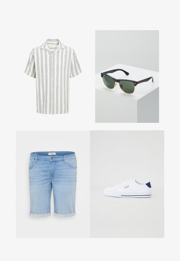 Kortærmet hvid skjorte med sorte lodrette striber og knapper foran, med klassisk krave.; Lysblå denimshorts med en let falmet finish, opfoldede bukseben, fem-lommer design og en metalknaplukning.; Hvide kanvas sneakers med en marineblå hælaccents, flad gummisål, rund tå og hvide snørebånd. Har logo på siden.; Ray-Ban solbriller med grønne linser, sorte plastikstel og gyldne detaljer ved kanterne. Firkantet form med mat finish.
