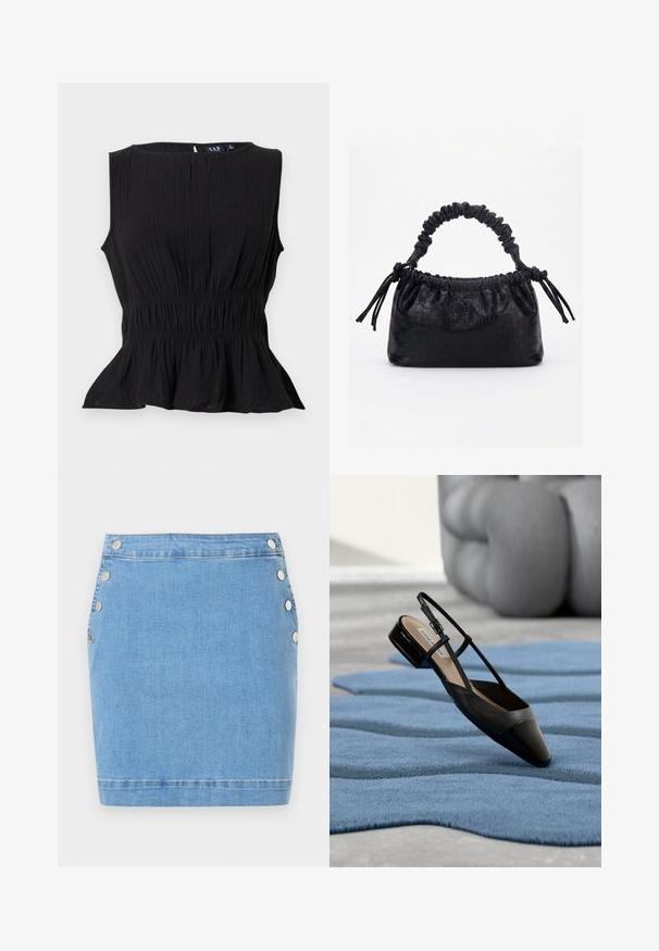 Sort ærmeløs tekstureret bluse med indsnævret talje og udflaret peplumkant, rund halsudskæring og nøglehulslukning med knap bagpå.; Lyseblå denim mininederdel med sølvfarvede trykknapper langs begge sider og søm i kanten forneden.; Sort laklædersko med slingback og lav blokhæl, hvilende på et tekstureret blåt bølgemønster tæppe og gråt polstret møbel.; Sort taske med krokodilletekstur, rynket øverste kant, samlet hank og snore med kvaster på hver side mod en hvid baggrund.