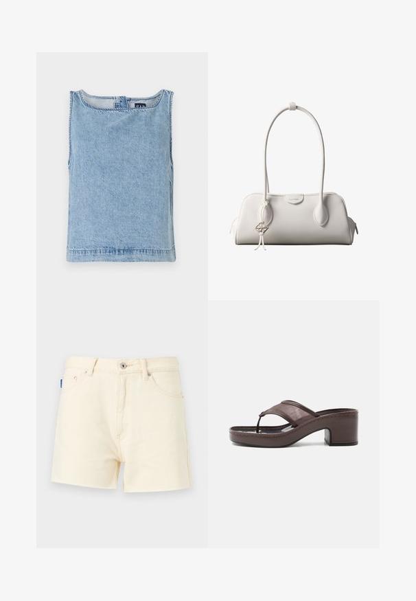 Hellblaues, ärmelloses Denim-Oberteil mit rundem Ausschnitt, geradem Schnitt und sichtbarer Naht. Minimalistisches Design ohne zusätzliche Muster.; Cremfarbene Jeansshorts mit geradem Schnitt, ausgestattet mit einem Frontknopfverschluss und einem Fünf-Taschen-Design. Strukturierter Stoff mit Nähdetails.; Braune Sandale mit Absatz, Netzriemen und Zehensteg, ausgestattet mit einem Blockabsatz und einer genähten Sohle, seitlich auf weißem Hintergrund abgebildet.; Weiße Calvin Klein Schultertasche mit langen Griffen, rechteckiger Form, Reißverschluss und dekorativem Logo-Anhänger, der in der Nähe des Griffs hängt.