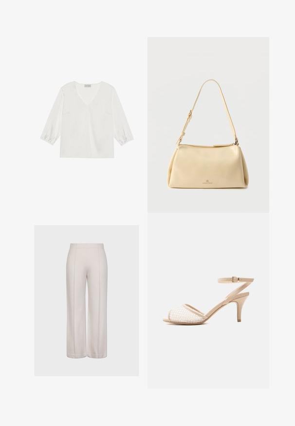 Blusa blanca de manga larga con un profundo escote en V, material suave similar al satén y puños de manga fruncidos para un ajuste relajado.; Pantalones de pierna ancha en tela beige claro con una textura suave. Presenta dos costuras verticales y un corte limpio y uniforme en el dobladillo.; Sandalia beige de tacón alto para mujer con correa en el tobillo, puntera abierta y detalle de malla en la parte superior delantera.; Bolso de hombro beige rectangular con correa ajustable y cierre de cremallera, con un pequeño logo "Anna Field" en el centro frontal.