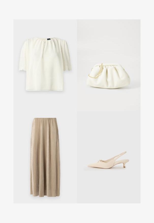 Hvid kortærmet bluse med opsamlet halsudskæring og bølget, broderet ærmekant, vist mod en ensfarvet baggrund.; Plisseret beige midi-skjørt med elastisk talje, der har lodrette striber og en flydende silhuet for nem bevægelse.; Spidsnæbbede slingback sko i off-white læder, med en lille sløjfedetalje og en lav kitten heel. Glat tekstur, minimalistisk design.; Hvid læderhåndtaske med en samlede design, forsynet med en guldkæde-strop og en rund form. Glat tekstur med bløde folder og ingen mønstre.