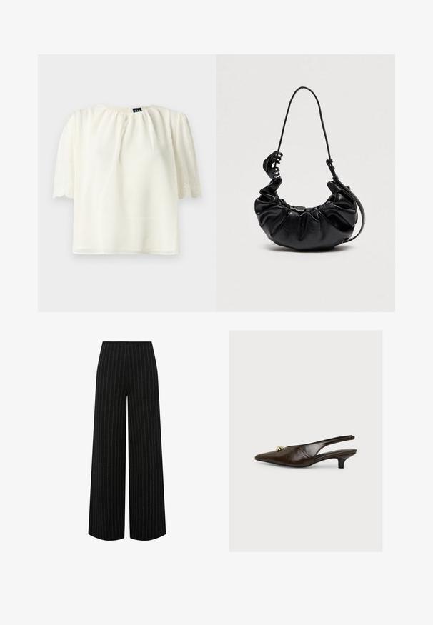 Blusa blanca de manga corta con escote fruncido y bordes de las mangas con bordado y acabado en ondas, mostrada sobre un fondo liso.; Pantalones negros de pierna ancha con rayas verticales blancas y cintura alta, mostrados extendidos sobre un fondo blanco.; Tacón slingback de charol marrón oscuro con punta afilada, pequeña bola decorativa dorada y tacón bajo tipo kitten, mostrado sobre un fondo blanco liso.; Bolso de mano negro de cuero fruncido con correa ajustable para el hombro y gran clip para el cabello negro sujeto a la correa sobre fondo liso.