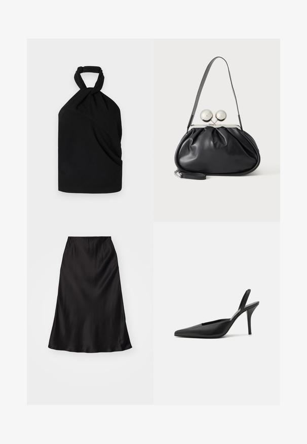 Iro BIRDA - Bluse - black; Sort satin glat nederskirt med en glat tekstur, flagrende form og elastisk talje. Minimalistisk design uden yderligere mønstre eller accenter.; Sorte slingback høje sko med spidse tæer, glat lædermateriale og et elegant, minimalistisk design. Høj stiletto hæl.; Sort læderhåndtaske med opsamlet design, en enkelt rem, sølv metalramme og to store runde sølv lukninger.