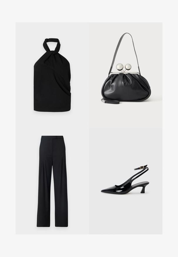 Iro BIRDA - Blusa - black; Pantalones de pierna ancha negros con frente plano, pliegues y cinturilla ajustada. Fabricados con una tela suave y ligera.; Zapatos de tacón de charol negro con punta afilada, tacón bajo tipo bloque y correa ajustable en el tobillo con un hebilla dorada.; Bolso de mano de cuero negro con diseño fruncido, una sola correa, marco metálico plateado y dos cierres grandes redondos de plata.
