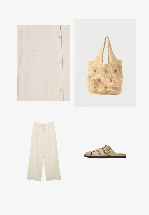 Chemise en lin beige clair avec texture de tissage visible et quatre petits boutons écrus fixés en ligne verticale.; Pantalon large couleur crème avec taille élastique et cordon de serrage, tissu texturé avec une couture verticale subtile.; Sandale beige en daim à enfiler avec un design tissé ouvert, une grande boucle dorée sur le côté et une semelle plate noire.; Sac fourre-tout en toile beige avec de courtes poignées, décoré de petites fleurs brodées rouges et vertes espacées sur le devant.