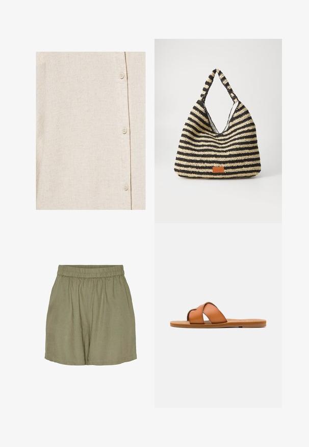 Chemise en lin beige clair avec texture de tissage visible et quatre petits boutons écrus fixés en ligne verticale.; Shorts en lin à taille élastique de couleur vert olive, avec une coupe décontractée, un drapé casual et un ourlet raffiné. Tissu léger et respirant.; Sandale diapositive en cuir marron avec des lanières croisées, semelle plate, texture lisse et caractéristiques de design minimaliste pour un usage décontracté.; Sac tissé rayé en noir et beige, avec un design décontracté, une surface texturée et une petite pièce en cuir en accent.
