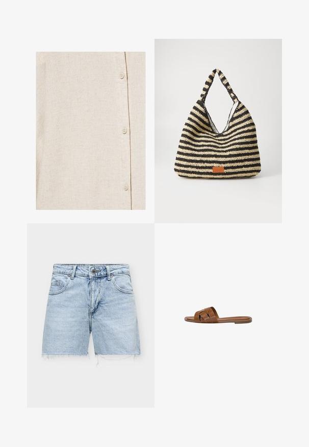 Chemise en lin beige clair avec texture de tissage visible et quatre petits boutons écrus fixés en ligne verticale.; Short en denim bleu clair avec ourlets effilochés, bouton à l'avant, fermeture éclair et poches avant et arrière.; Sandale plate en cuir marron avec des brides tissées et une semelle basse, vue de profil sur fond blanc.; Sac tissé rayé en noir et beige, avec un design décontracté, une surface texturée et une petite pièce en cuir en accent.