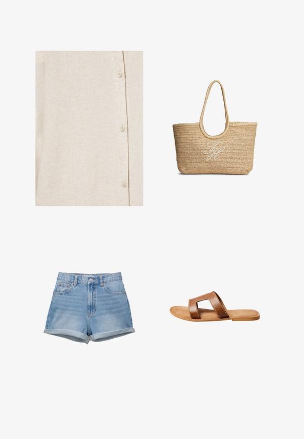 Licht beige linnen overhemd met zichtbare weefstructuur en vier kleine gebroken witte knopen, vastgemaakt in een verticale lijn.; Denim shorts in een lichtblauwe wastint, high-waisted met een knoopsluiting, vijf zakken en omgeslagen zoom. Gladde textuur, klassiek ontwerp.; Bruine leren slipper met brede band met een rechthoekige uitsparing, platte zool en zichtbare witte stiksels op een witte achtergrond.; Beige geweven stro tote tas met afgeronde handvatten en witte geborduurde cursieve initialen in het midden aan de voorkant.