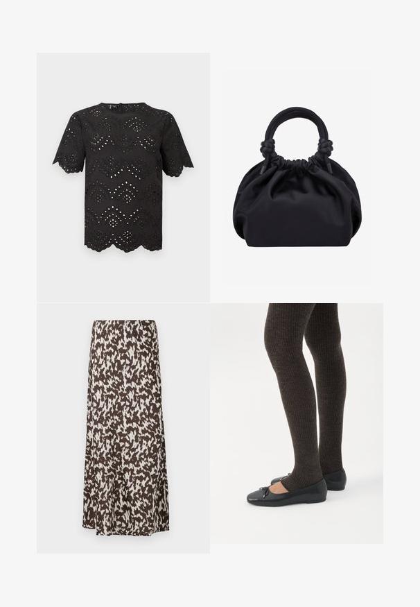 Sort bluse med korte ærmer med blomsterprint i hulmønster, bølgede kanter på ærmer og kant samt en rund halsudskæring.; Brun nederdel med et hvidt abstrakt mønster, med et flydende design og glat tekstur, der går til midten af læggen.; Ben iført mørke ribbede leggings kombineret med sorte balletsko med små sløjfedetaljer på hvid baggrund.; Sort blød stofhåndtaske med samlet top og cirkulære polstrede håndtag bundet med knuder på hver side.