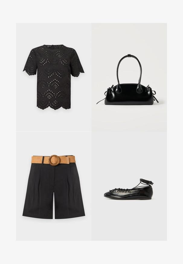 Blouse noire à manches courtes avec des motifs floraux en dentelle ajourée, des bords festonnés aux manches et à l'ourlet, et un col rond.; Short noir taille haute avec plis à l'avant et une large ceinture tissée de couleur fauve avec une grande boucle ronde en bois.; Ballerines en cuir verni noir avec un bout rond, un design à lacets et une semelle plate. Texture lisse avec peu de détails.; Petit sac à main noir brillant avec deux longues anses et des détails à cordon sur les côtés sur un fond clair uni.