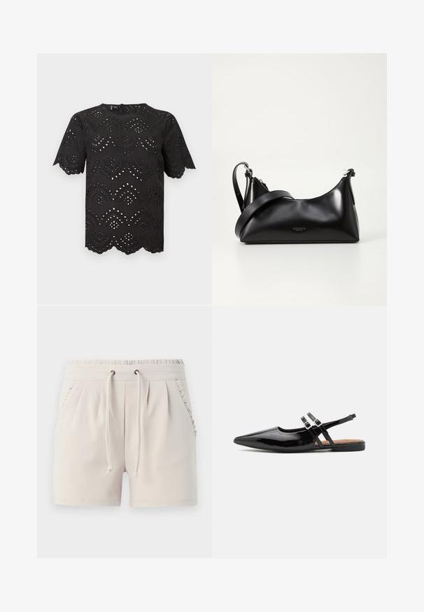 Blouse noire à manches courtes avec des motifs floraux en dentelle ajourée, des bords festonnés aux manches et à l'ourlet, et un col rond.; Shorts beige clair avec une taille élastique, un cordon de serrage, des poches latérales et des volants le long des bords des poches. Texture de tissu douce.; Des chaussures slingbacks en cuir verni noir présentent un bout pointu, deux sangles avec des accents de boucle, et une semelle plate.; Sac à main en cuir noir avec une texture lisse. Dispose d'une bandoulière adjustable et d'un design élégant et minimaliste avec une fermeture éclair.