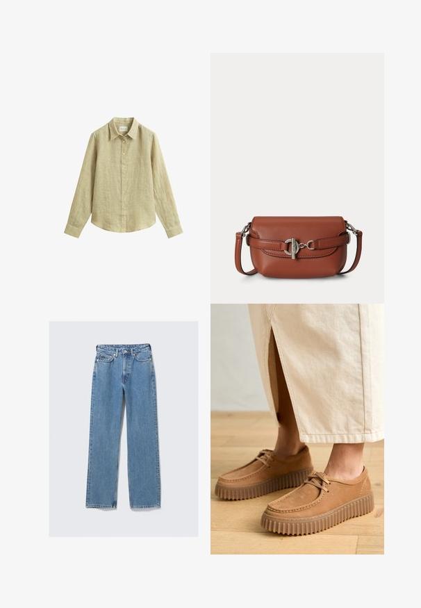 Chemise en lin beige à manches longues avec col et boutons sur le devant, étalée à plat sur un fond blanc.; Jean en denim bleu à taille haute, coupe droite, avec bouton avant, fermeture éclair, passants pour ceinture et design à cinq poches sur un fond clair uni.; Chaussures en cuir tan avec une surface texturée, bout rond et semelles épaisses à cannelures. Les lacets et les détails de couture rehaussent le design.; Sac bandoulière en cuir marron avec fermoir argenté et sangle ajustable sur un fond clair uni.