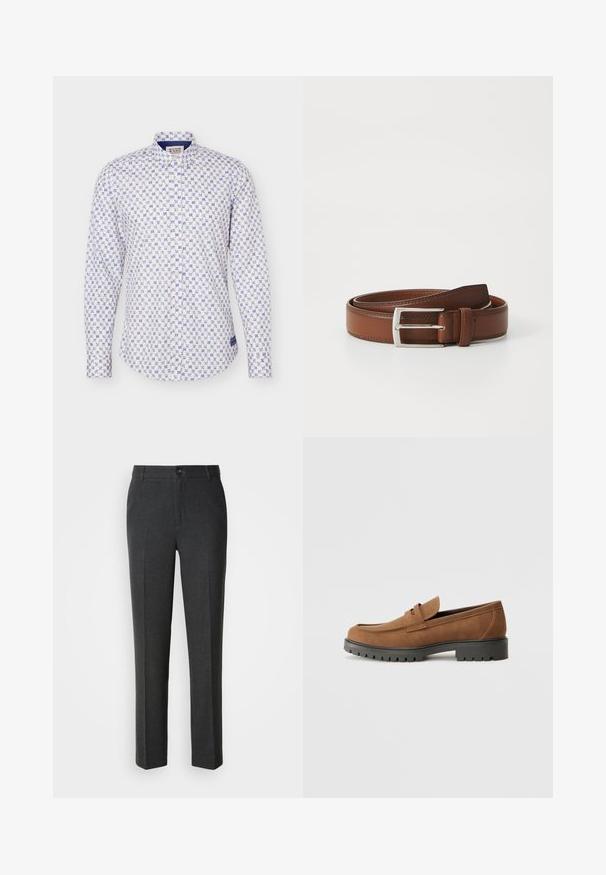 Weißes Hemd mit Knöpfen und blauem geometrischem Blumenmuster, langen Ärmeln und Standardkragen.; Maßgeschneiderte dunkelgraue Hosen aus glattem Stoff, mit Knopfverschluss, zwei vorderen Taschen und geradem Bein.; Braune Wildlederslipper mit runder Zehenpartie und einer niedrigen schwarzen Gummisohle, die über einen dekorativen Riemen und Nähte auf dem Obermaterial verfügt.; Brauner Ledergürtel mit glatter Oberfläche, ausgestattet mit einer silbernen Metallschnalle und feinen Nähten entlang der Kanten. Klassisches und robustes Design.