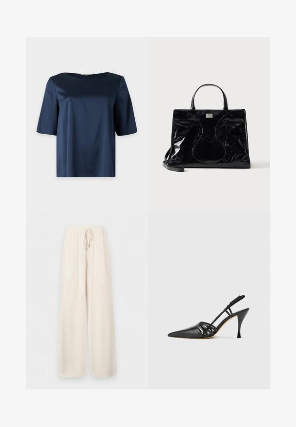 Marineblauwe satijnen blouse met korte mouwen, een ronde halslijn en een losse pasvorm, getoond tegen een effen achtergrond.; Losse, roomkleurige broek met elastische tailleband en trekkoord, gemaakt van lichtgewicht stof.; Zwarte leren hoge hak slingback schoen met spitse neus, crisscross bandontwerp en slanke stilettohak. Smooth textuur en minimale accenten.; Zwarte glanzende leren handtas met korte handvatten, afneembare schouderriem en subtiele gebogen stiksel details aan de voorkant.