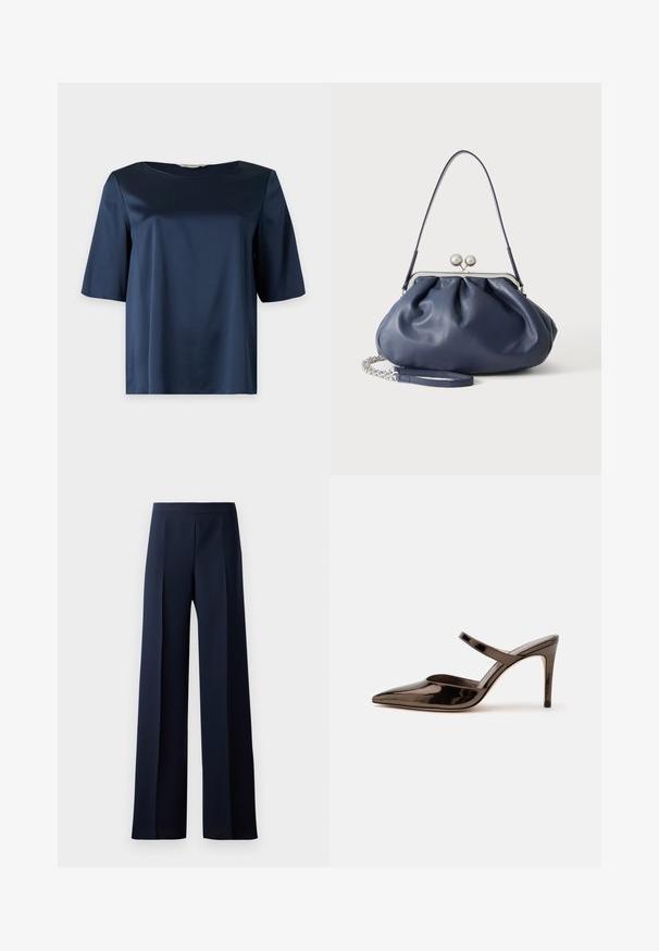 Blouse courte en satin bleu marine avec un col rond et une coupe ample, présentée sur un fond uni.; Pantalons à jambes larges en tissu bleu marine foncé, dotés d'une texture lisse, de plis avant discrets et d'une taille ajustée pour une silhouette épurée.; Mule à talon haut marron foncé brillant à bout pointu avec une fine bride sur le coup de pied sur fond blanc uni.; Sac à main en cuir bleu marine doux avec fermeture à boucle argentée, une seule bandoulière, et une chaîne de poignet amovible sur fond blanc.