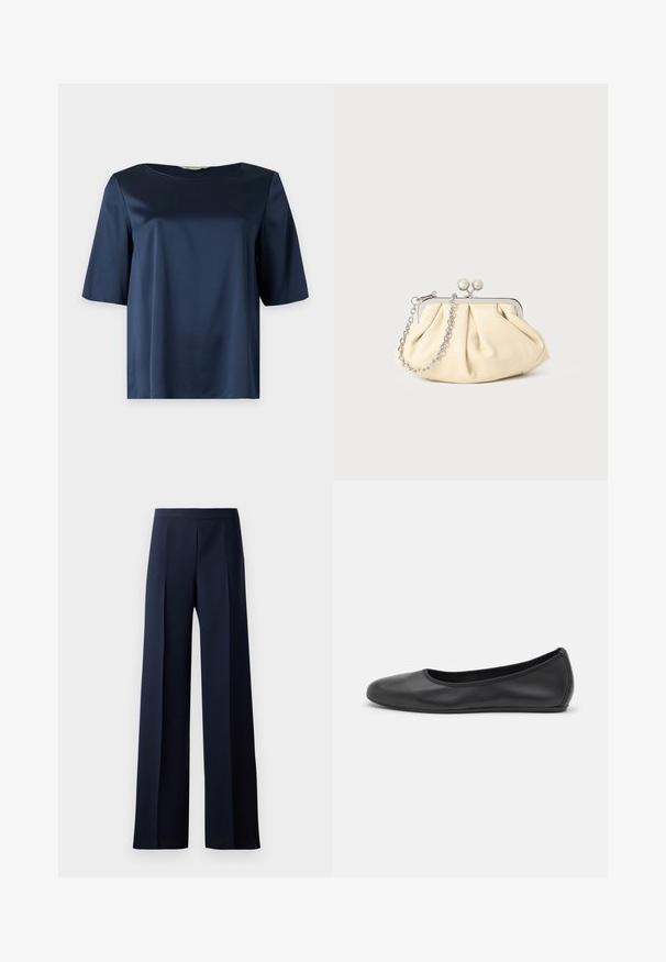 Blouse courte en satin bleu marine avec un col rond et une coupe ample, présentée sur un fond uni.; Pantalons à jambes larges en tissu bleu marine foncé, dotés d'une texture lisse, de plis avant discrets et d'une taille ajustée pour une silhouette épurée.; Ballerines en cuir noir avec un bout rond, texture lisse, détails de couture minimalistes et design de semelle flexible.; Pochette en cuir beige plissé avec un cadre en métal argenté, dotée de deux fermoirs ronds décoratifs et d'une chaîne en argent.