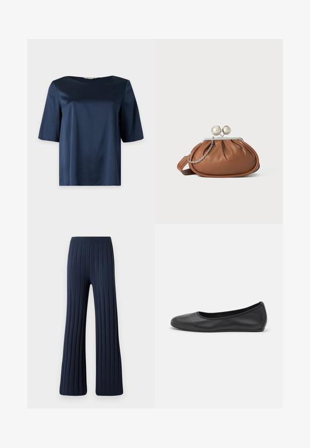Marineblauwe satijnen blouse met korte mouwen, een ronde halslijn en een losse pasvorm, getoond tegen een effen achtergrond.; Marine-blauwe wijde broek met verticale ribbeltextuur, elastische tailleband en uitlopende zoom. Gemaakt van zachte, comfortabele stof.; Zwarte leren ballerina met een ronde neus, gladde textuur, minimale stikdetails en een flexibele zoolontwerp.; Bruine leren clutch met een zilveren balsluiting en een klein zilveren kettingdetail op een witte achtergrond.