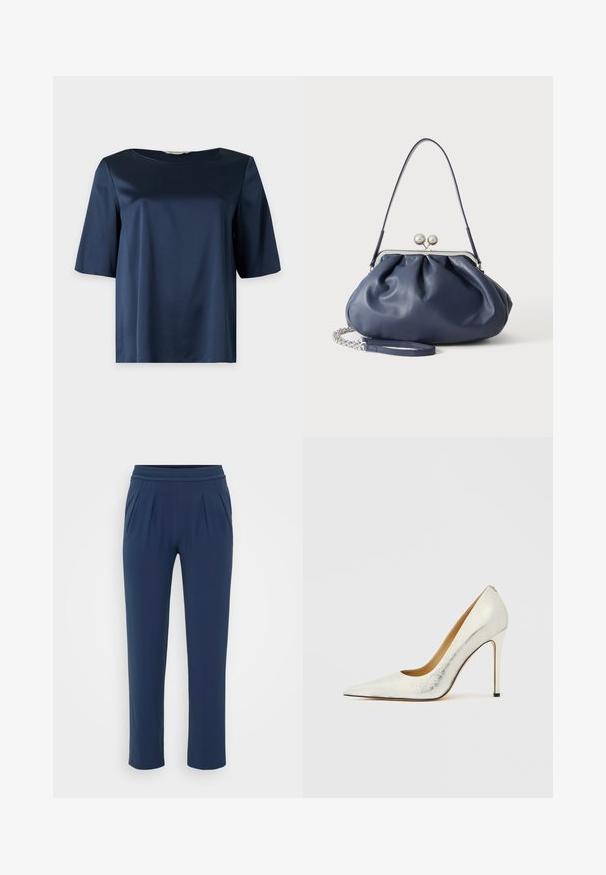 Blusa de satén azul marino de manga corta con escote redondo y un ajuste holgado, mostrada sobre un fondo liso.; Pantalones de talle alto azul marino con cinturilla elástica, piernas rectas y anchas, y bolsillos laterales, exhibidos sobre un fondo plano.; Zapato de tacón alto de cuero blanco con punta afilada y acabado texturizado. Cuenta con un tacón de aguja delgado y un forro interior suave.; Bolso de mano de cuero azul marino suave con cierre de broche plateado, una correa de hombro y correa de cadena desmontable para la muñeca sobre fondo blanco.