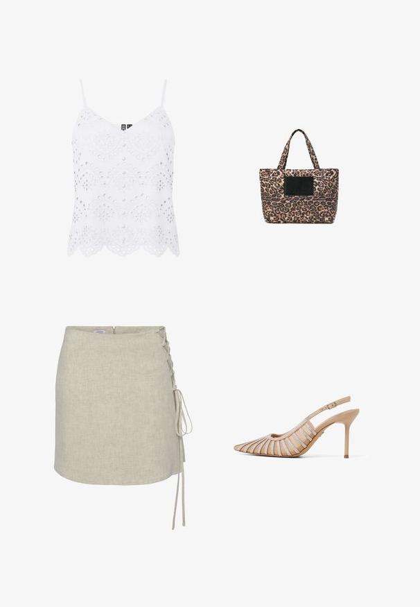 Witte mouwloze top van opengewerkt kant met een golvende zoom, aan de voorkant met met stof beklede knopen en verstelbare dunne schouderbandjes.; Beige linnen wikkelrok met een lacing-detail aan de linkerzijde, een rechte snit en een ritssluiting aan de achterkant. Soepele, gestructureerde stof.; Beige slingback hoge hakken met open teen, puntige vorm, strass versieringen en gestreepte uitsparingen.; Gevoerde schoudertas met een luipaardpatroon in bruin en zwart, met zwarte leren accenten en twee stoffen hengsels om te dragen.
