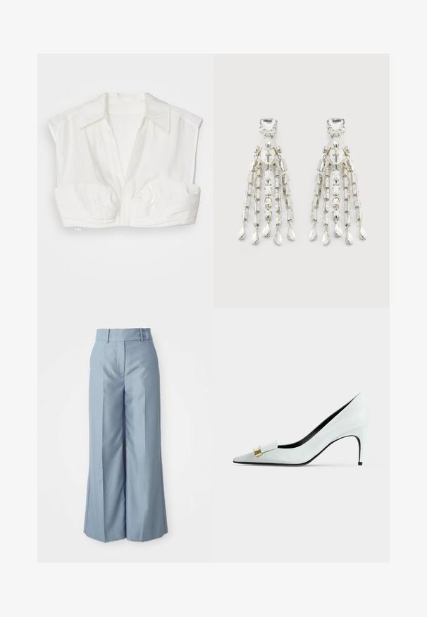 White cropped blouse made of lightweight fabric, featuring a collar, short sleeves, and front button closure with pleated accents.; Light blue wide-leg pants made of smooth fabric with a high waist, two front buttons, and pressed seams for a tailored look.; White leather pointed-toe high heel with gold-tone decorative buckle and slim heel on a plain light background.; Silver-toned chandelier earrings with square studs, circular pearls, and dangling chain strands ending in teardrop-shaped charms.