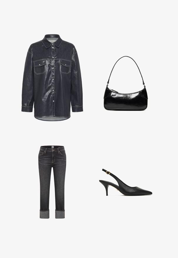 Mørkeblå denimskjorte med en glat finish, to brystlommer og hvid søm. Har en spids krave og knaplukning foran.; Mørkegrå lige jeans med foldede manchetter, frontknap og lynlås, bæltestropper og for- og baglommer.; Sort læder slingback-pumpe med spids tå, mellemhøj kitten-hæl og guld spænde på remmen.; Sort, blank skuldertaske i læder med et enkelt rum med lynlås og en tynd rem buet i en bueform.