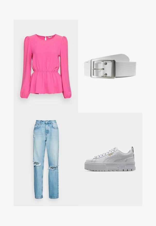 ONLY ONLMETTE O NECK - Blusa - gin fizz; ONLY ONLROBYN DESTROY - Vaqueros boyfriend - light blue dnm; Zapatillas de plataforma blancas con parte superior de cuero suave, cuello acolchado, suela de goma gris y detalles dorados que presentan el logo de Puma.; Cinturón de cuero blanco con una hebilla rectangular de metal plateado y un pasador, que presenta una textura suave y un diseño minimalista.