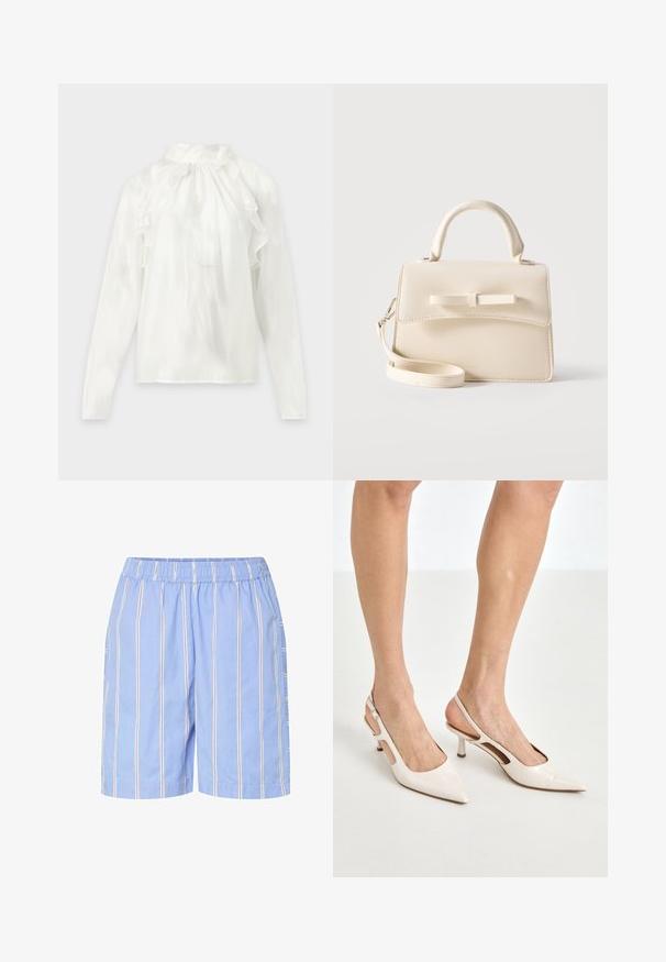 Blouse blanche à manches longues avec col montant et détails à volants sur le devant et les épaules, présentée sur un fond uni.; Shorts bleu clair à taille élastique avec des fines rayures verticales blanches, beige et foncées, longueur genoux, style décontracté.; Escarpins à talon slingback en cuir verni beige avec un bout pointu et un talon de 5 cm, présentant des côtés découpés et une fine bride à la cheville.; Petit sac à main beige avec poignée supérieure, bandoulière amovible, rabat avant et nœud horizontal décoratif sur un fond uni.