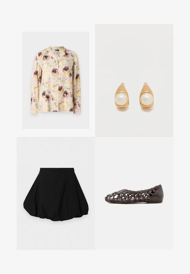 Chemise à manches longues boutonnée avec un motif floral pastel jaune, rose et violet et une poche poitrine gauche.; Jupe courte noire en tissu bouffant avec une taille cintrée et un ourlet volumineux froncé, sur un fond uni.; Chaussure plate marron foncé avec un motif en treillis de cuir tressé et un talon solide, présentée de profil sur fond blanc.; Boucles d'oreilles à clous en ton or, chacune ornée d'une perle blanche ronde unique, sertie dans un métal lisse et courbé sur un fond clair uni.