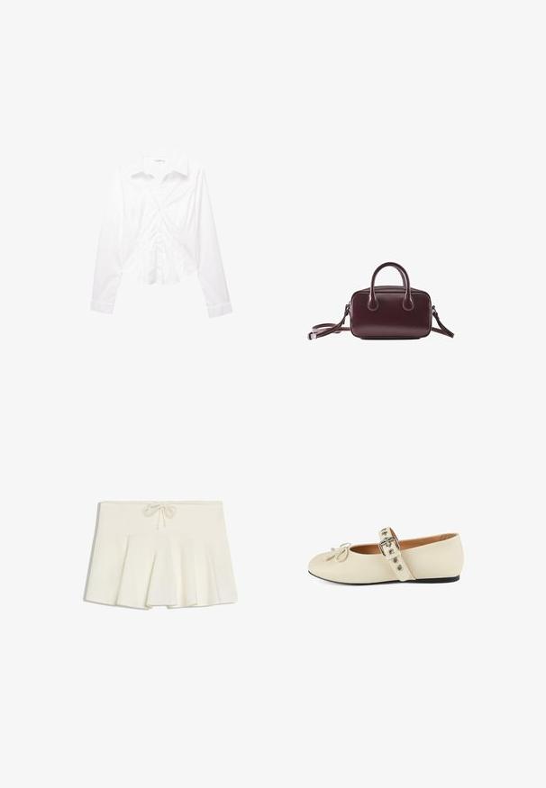 Chemise blanche à manches longues avec col, coupe slim, boutons sur le devant et poignets, présentée à plat sur un fond blanc.; Mini-jupe plissée blanche avec une taille à cordon et un tissu doux et structuré, posée à plat sur un fond blanc.; Ballerine en cuir beige avec un bout rond, détail en nœud et une bride de cheville avec une boucle en argent et des fermetures à pression. Semelle plate.; Petit sac à main en cuir brun foncé avec doubles poignées et une bandoulière amovible sur fond blanc.