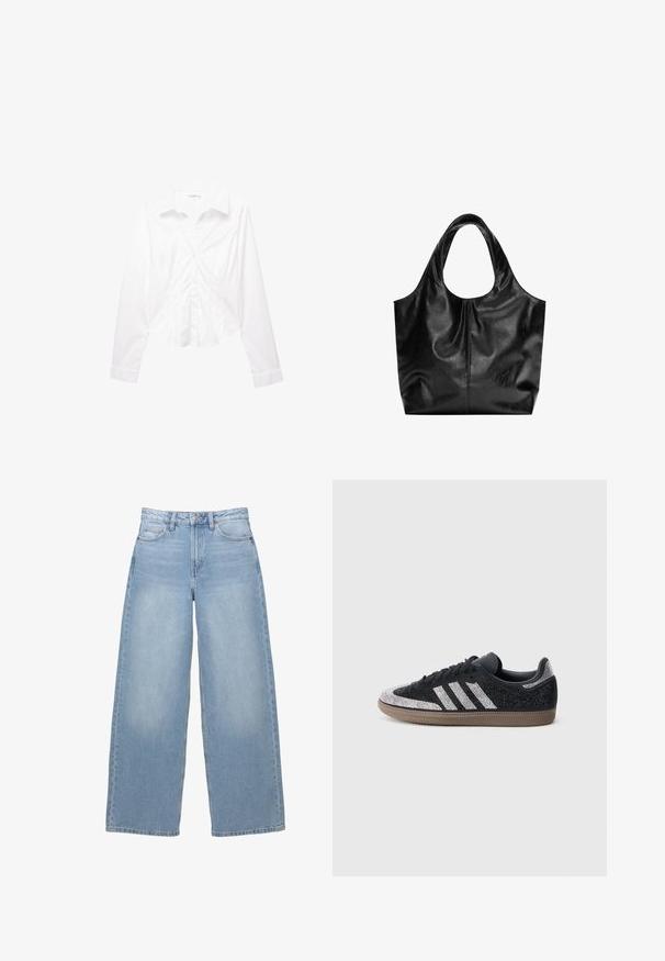 Langärmliges weißes Hemd mit Knopfleiste, Kragen, schmalem Schnitt und Manschetten, flach auf weißem Hintergrund präsentiert.; Helle blaue, weit geschnittene Jeans aus Denim. Besitzt eine hohe Taille, Taschen vorne und einen Knopfverschluss. Angenehme Textur mit dezenter Ausbleichung.; Schwarzer Sneaker mit funkelnden silbernen Akzenten und drei weißen Streifen. Verfügt über ein niedriges Design, eine strukturierte Oberseite und eine braune Gummisohle.; Schwarze Leder-Tote mit glatter Textur, weichem, abgerundetem Oberteil und breiten Tragegriffen. Merkmale minimale Nähte und eine lässige Silhouette.