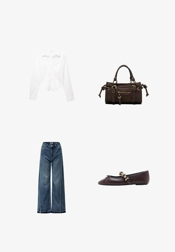 Witte blouse met lange mouwen, knoopsluiting, kraag, slim fit en manchetten, plat liggend op een witte achtergrond weergegeven.; Brede blauwe denim jeans met een hoge taille, voorzien van subtiele wassing, contrasterende stiksel en een onafgebroken rand bij de enkel.; Donkere bruine leren platte schoen met spitse neus, sierstrik en bandje met goudkleurige metalen ringen en studs.; Donkerbruine leren handtas met dubbele handvatten, voorvak met ritssluiting, decoratieve gespen en zijknopen op een witte achtergrond.
