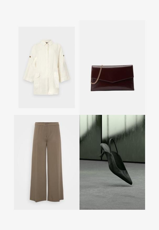 Off-white langærmet linnedjakke med knappet krave, forlommelommer med klap og knapstropper på ærmerne mod en ensfarvet baggrund.; Breddebenede bukser i en ensfarvet brun stof, med knaplukning, glat for og blød tekstur, designet til en afslappet pasform.; Sort læder slingback højhælet sko med spids tå svævende over gråt tæppe, sløret grønlig væg i baggrunden.; Læder clutch i mørk burgundy med en kuvertdesign. Har en guldkædebærer, glat overflade og en spids flaplukning.