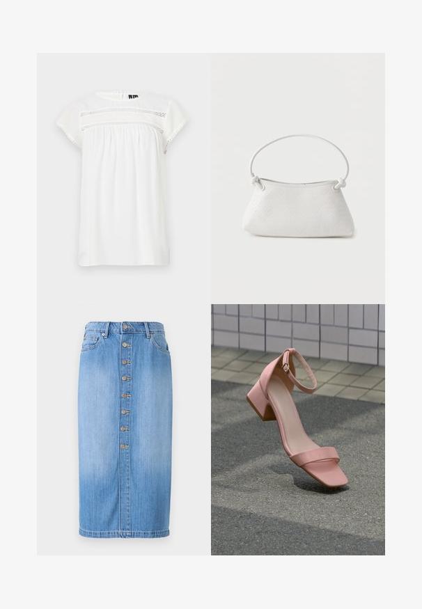 Blouse blanche à manches courtes avec un col rond, un design froncé et un détail en dentelle décoratif sur le devant, dotée d'un ourlet festonné.; Jupe midi en denim bleu avec une coupe droite, dotée d'une fermeture à boutons sur le devant, de cinq poches et d'un délavage pour une texture.; Sandale rose unique à talon bloc avec bride à la cheville, posée sur l'asphalte près d'un mur carrelé.; Sac à main en cuir tressé blanc avec poignée arrondie et extrémités de lanière nouées, présenté sur un fond uni.