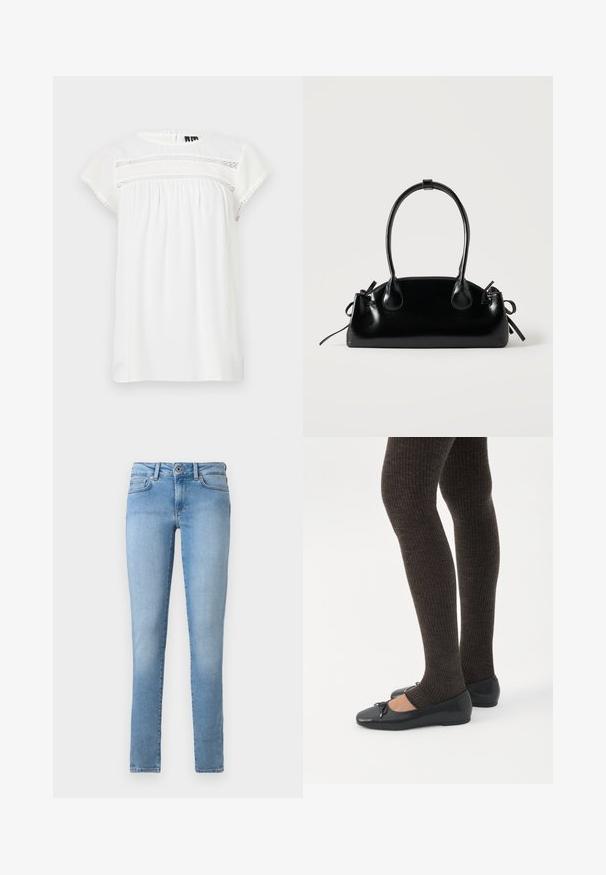 Witte blouse met korte mouwen, met een ronde hals, een geplooid ontwerp en decoratieve kantdetails aan de voorkant, met een gegolfde zoom.; Lichtblauwe denim jeans met een rechte pijpdesign, vijf zakken en een sluiting met een knoop aan de voorkant. Gladde textuur met een vervaagde afwerking.; Benen met donkere geribbelde leggings gecombineerd met zwarte ballerina's met kleine strikdetails op een witte achtergrond.; Kleine zwarte glanzende handtas met twee lange hengsels en zijkant trekkoord details op een effen lichte achtergrond.