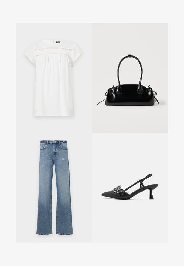 Witte blouse met korte mouwen, met een ronde hals, een geplooid ontwerp en decoratieve kantdetails aan de voorkant, met een gegolfde zoom.; Lichtblauwe denim jeans met een hoge taille, wijde pijpen, lichte slijtage en een traditionele vijf-pocketstructuur.; Simmi London DALA - Klassieke pumps - black; Kleine zwarte glanzende handtas met twee lange hengsels en zijkant trekkoord details op een effen lichte achtergrond.
