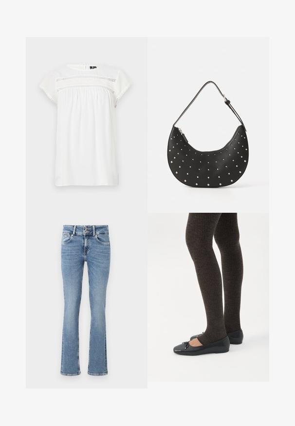 Blusa blanca de mangas cortas con cuello redondo, diseño fruncido y detalle de encaje decorativo en la parte delantera, con dobladillo en puntilla.; Pantalones vaqueros de mezclilla azul de pierna acampanada con un lavado medio, cierre de botones, diseño de cinco bolsillos y detalles cosidos en los bolsillos y el dobladillo.; Piernas con leggings oscuros acanalados combinados con bailarinas negras que presentan pequeños detalles de lazo sobre un fondo blanco.; Bolso de mano de cuero negro con forma curva, adornado con tachuelas plateadas, cuenta con cierre de cremallera y una sola correa ajustable.