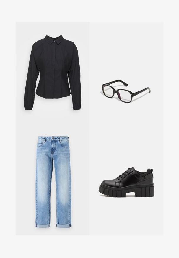Chemise noire à boutons avec un col, des manches longues, des poignets froncés et des coutures structurées pour un ajustement sur mesure. Tissu en coton.; Jean en denim bleu clair avec revers, fermeture à bouton et à zip à l'avant, et design classique à cinq poches sur fond blanc.; Chaussures à plateforme en cuir noir avec un talon bloc épais, bout rond et un design traditionnel à lacets. Elles présentent une texture lisse et un détail minimal.; Lunettes noires rectangulaires avec des verres transparents, présentant des bords arrondis et des accents sur les côtés, avec une finition brillante sur la monture et les branches.