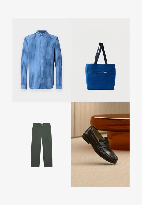 Camisa azul de manga larga con botones, con rayas verticales negras y un bolsillo en el pecho delantero, presentada sobre un fondo blanco.; Pantalones de algodón verde oscuro con un diseño de pierna recta, bolsillos frontales y cierre de botón en la cintura. Textura suave, sin patrones.; Mocasín de cuero negro brillante con detalle de correa, colocado sobre una alfombra beige cerca de una mesa de café redonda marrón en una habitación con iluminación suave.; Bolsa de lona azul con un bolsillo frontal con cremallera, correas dobles para el hombro y forma rectangular. Cuenta con una etiqueta de marca sutil.