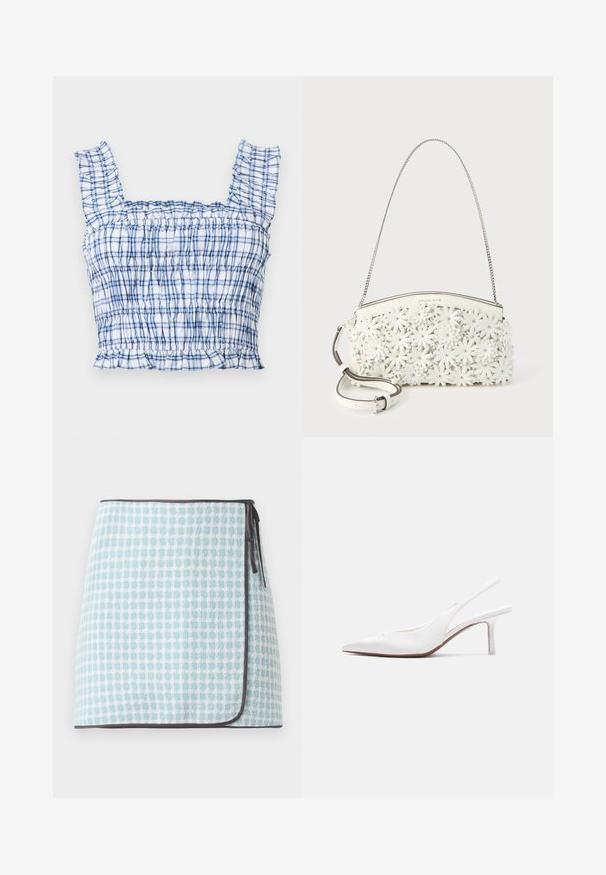 Blå og hvide ternet cropped top med flæse-stropper, smocket overdel og flæsekant, lagt fladt på en lys baggrund.; Wrap nederdel i lyseblå og hvid ternet mønster, med en blød tekstur og kontrasterende mørk kant. Bånd på siden til lukning.; Hvid læder slingback damesko med spids tå, lav kittenhæl og lille dekorativ sløjfe på toppen, vist i sideprofil.; Hvid håndtaske med kæde-rem, dækket af 3D blomsterapplikationer med metalnitter i midten og en aftagelig skulderrem i læder.