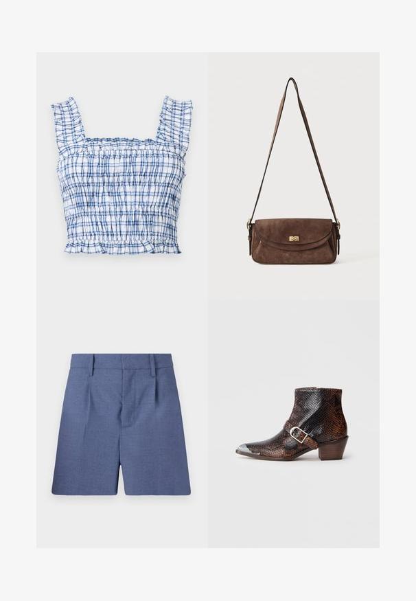 Haut court à carreaux bleu et blanc avec bretelles volantées, corsage smocké et ourlet à froufrous, posé à plat sur un fond clair.; Shorts bleu sur mesure avec passants de ceinture, plis à l'avant et fermeture frontale cachée, présentés sur fond blanc.; Bottines à imprimé serpent noir et brun avec un embout en métal argenté, accent de boucle et un petit talon en bois. Texture lisse, design ajusté.; Sac bandoulière en daim marron avec une longue sangle réglable et une fermeture à tour dorée sur le rabat avant.