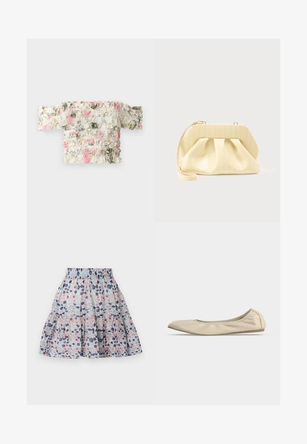 Blomsterbluse med bare skulder i hvid med rosa og grønne flæser. Har slightly elastisk stof for et tætsiddende look.; Blomstret nederdel i lyseblå, med pink og marineblå blomster. Lagdelt design med elastisk talje og blødt, struktureret stof.; Beige blødt læder balletsko med rundet tå, lavt snit i siden og tynd gummisål på en ensartet hvid baggrund.; Clutch-taske i cremefarvet læder med en struktureret topramme og håndledsrem, vist mod en enkel lys baggrund.