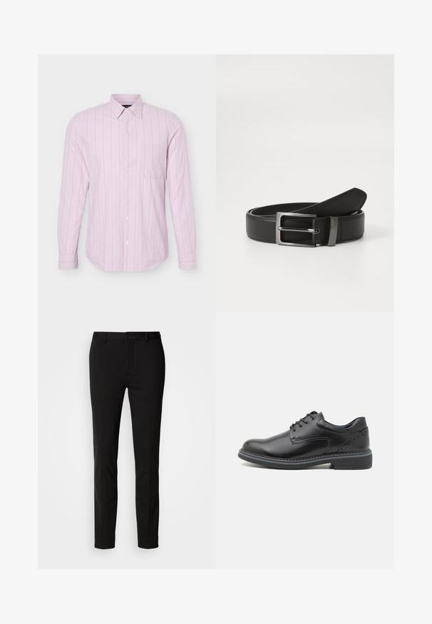 Camisa de manga larga rosa claro con botones, con finas rayas verticales blancas y un bolsillo en el pecho, mostrada sobre un fondo blanco.; Pantalón negro de corte ajustado, con cierre de botón y trabillas para cinturón. Fabricado en una tela suave con un ligero brillo, sin patrones visibles.; Zapato de piel negra con cordones y acabado suave, punta redonda y tacón texturizado. Presenta ojales azules en contraste y costuras decorativas.; Cinturón de cuero negro con hebilla de metal plateada, que presenta un acabado suave y un diseño clásico. El cinturón está neatly doblado.