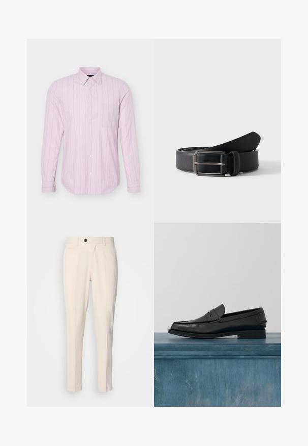 Camisa de manga larga rosa claro con botones, con finas rayas verticales blancas y un bolsillo en el pecho, mostrada sobre un fondo blanco.; Pantalones tailored beige con frente plano, cierre de un botón y dos bolsillos laterales en ángulo. Tejido suave con corte slim y pierna entallada.; Mocasines de cuero negro con un diseño elegante, que presentan una puntera cosida y un acabado suave. El zapato tiene un tacón bajo y detalles mínimos.; Cinturón de cuero negro enrollado con hebilla rectangular de metal plateado sobre un fondo claro y sencillo.