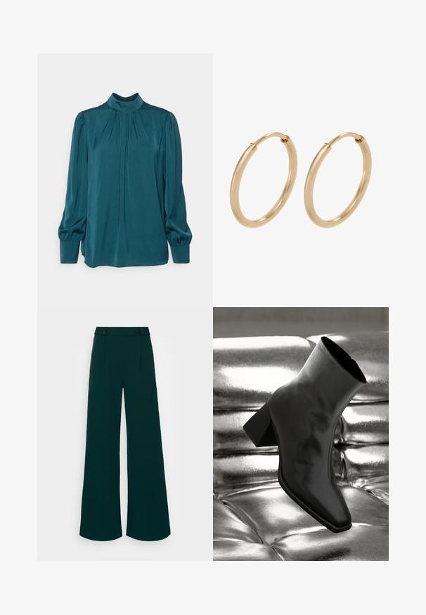 Anna Field by Zalando Bluse - green; Bredde bukser i mørk teal stof, med høj talje og dobbelte knaplukninger, skarpe folder og en glat, strømlinet tekstur.; Sorte ankelstøvler lavet af glossy materiale med firkantet tå og spidse hæle, sat mod en skinnende sølv tuftet baggrund.; Guldøreringe med en glat, poleret overflade. Rund form, mellemstor, med en sikker lukkemekanisme.